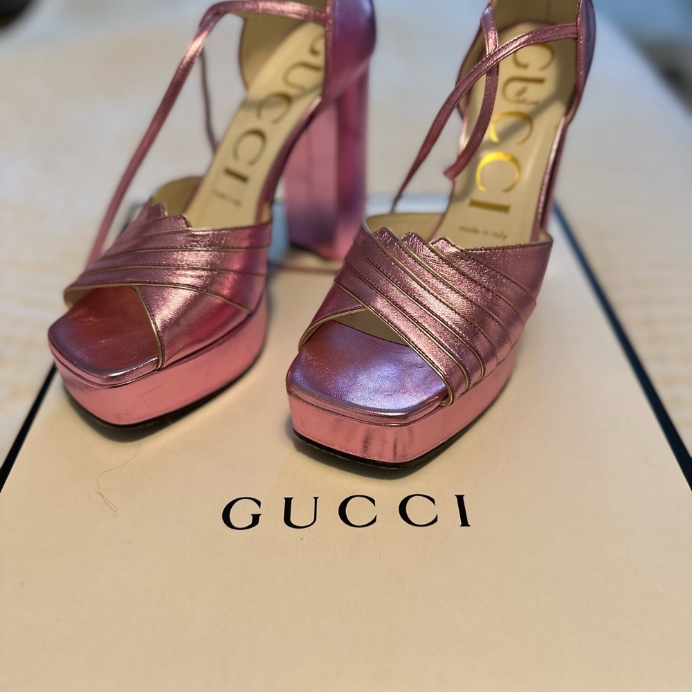 Gucci shoes Medea platform sandals metallic pink leather 38.5 - Picture 3 of 5